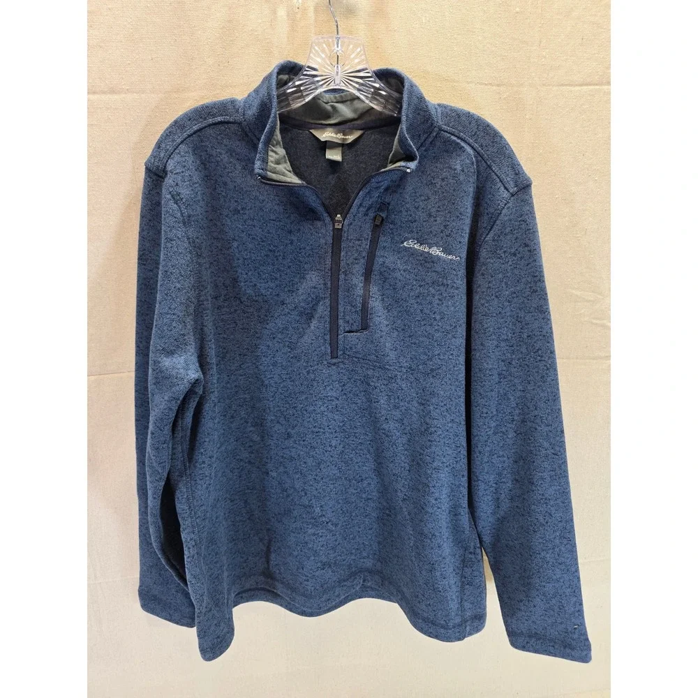Eddie Bauer Mens Blue Heathered 1/4 Zip Fleece Pullover Sweater Large Pocket